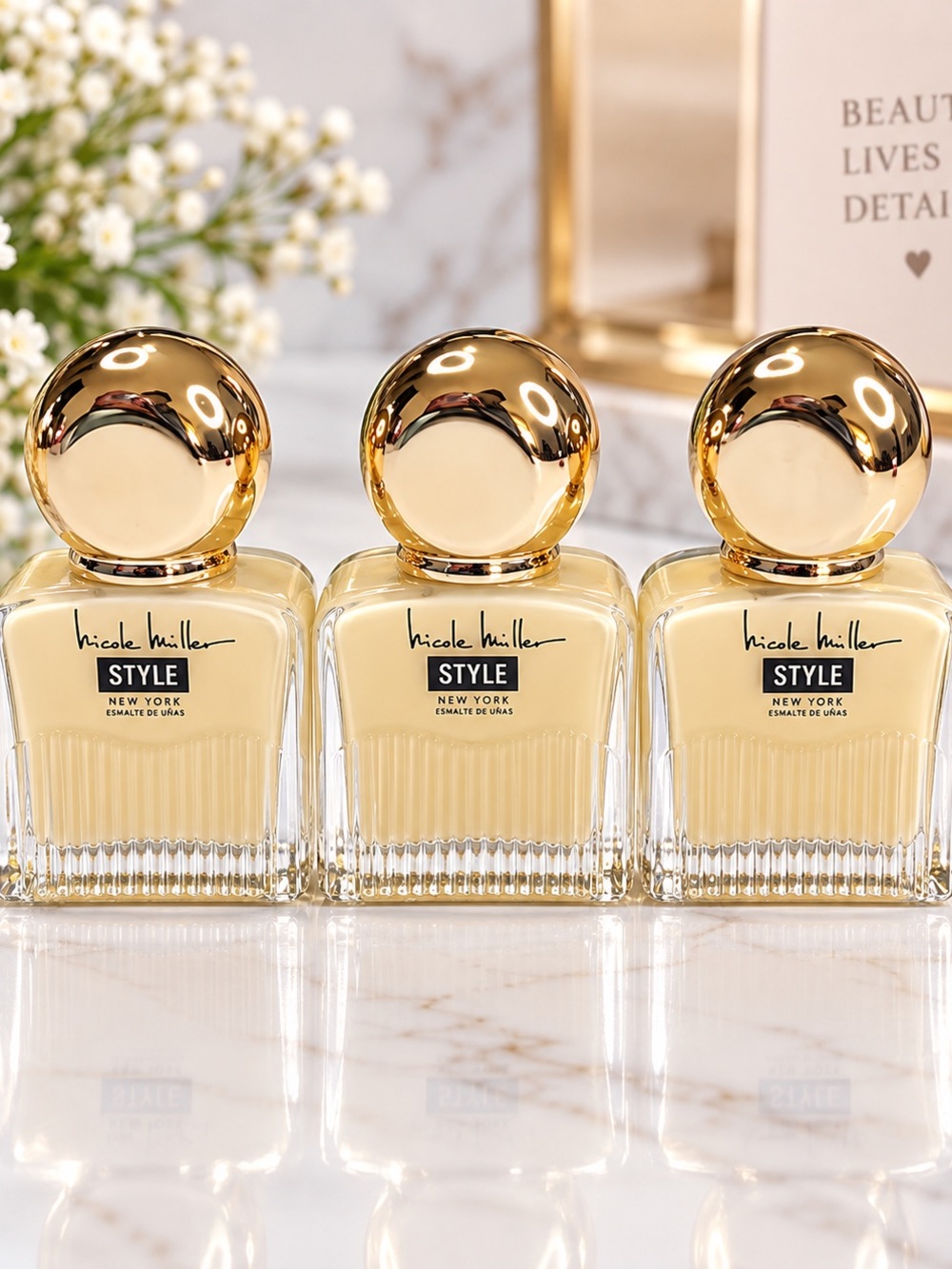 NEW Nicole Miller Style Nail Lacquer Set of 3 Cream Yellow Gold Cap 0.44 FL. OZ
